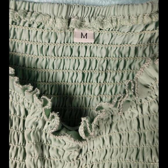 Chic Mint Green Smocked Crop Top with Sheer Sleeves Size Medium - Picture 4 of 8